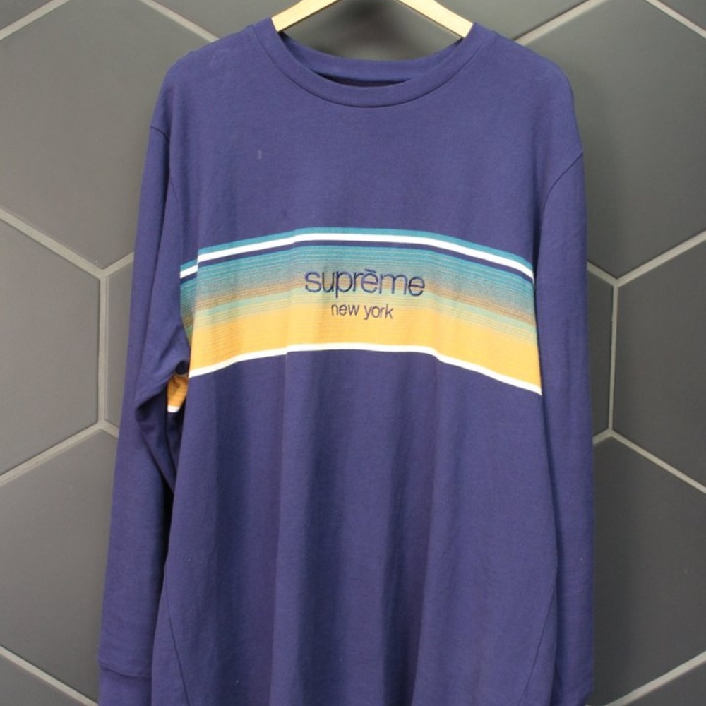 ~Used! Men's Supreme Shadow Stripe L/S Top "Navy" Size XL Hype Streetwear - Picture 1 of 5
